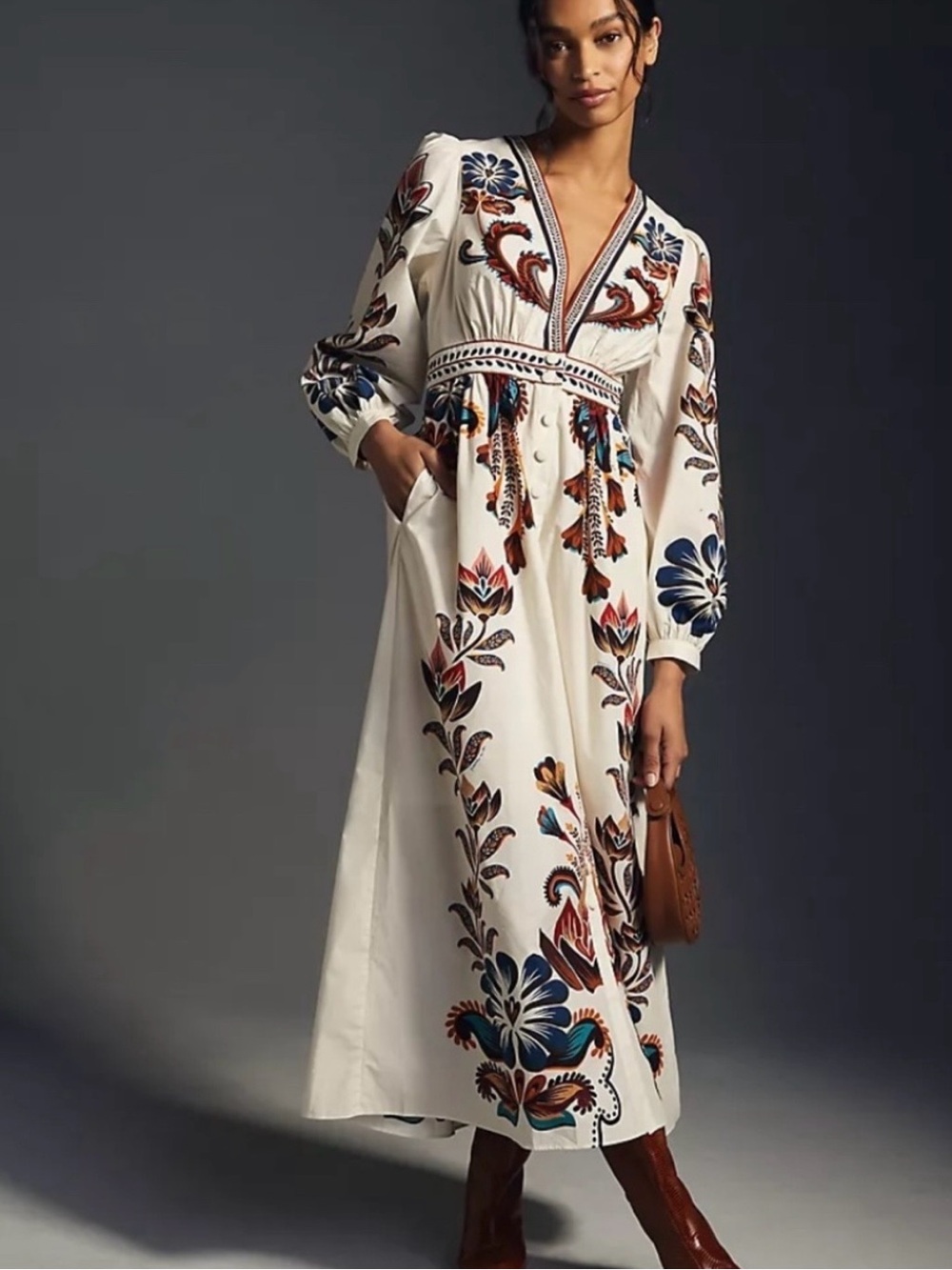 FARM Rio Cream Maxi Dress with Multicolor Floral Embroidery